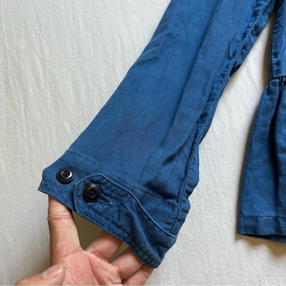 THE GREAT. Blue denim button up peplum ruffle long sleeve crop top shirt jacket - Picture 2 of 6